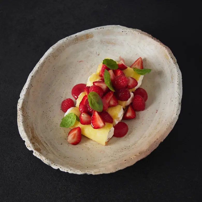creation thumb for Pineapple with Creamy Oat, Strawberries & Raspberry Coulis