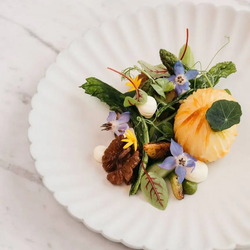 creation thumb for Charred Local Stem Vegetables, Pickled Walnut, Crispy Egg