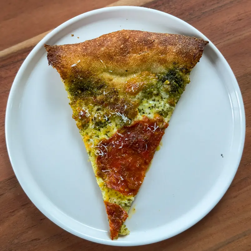 creation thumb for New York Style Pizza with Arugula Pesto and Spicy Pepperoni