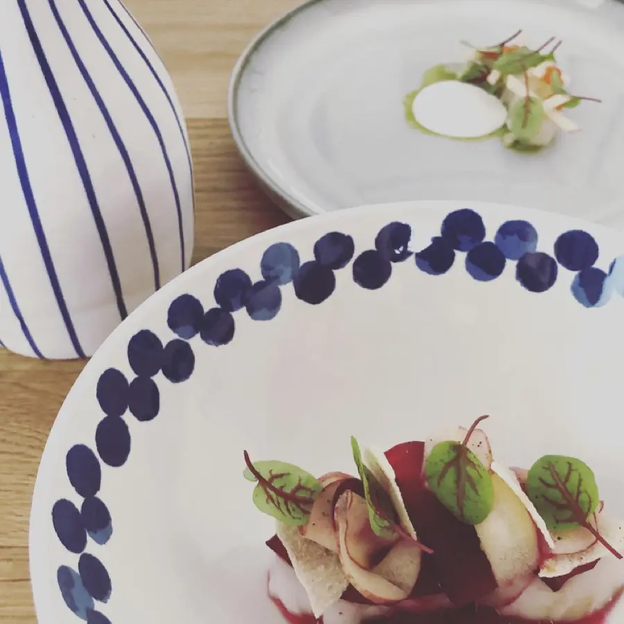 creation thumb for Lightly smoked pike perch-beetroot-goatcurt-fermented apple-rhubarb-chamomile 
