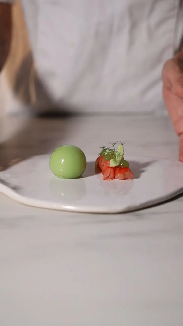 creation thumb for Sphere of ricotta mousse and apple jelly with red prawn 