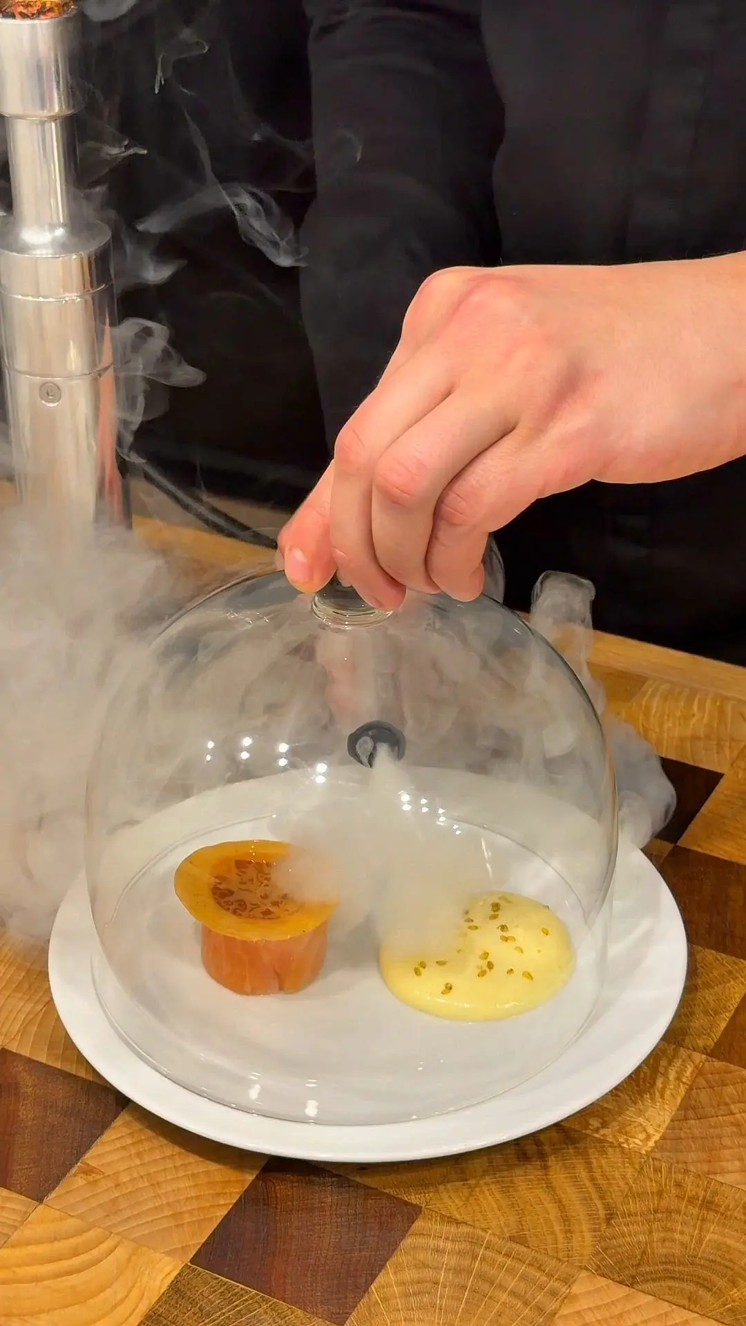 creation thumb for Smoked & Confit Salmon, Shallot Siphon, Crispy Filo Mushroom