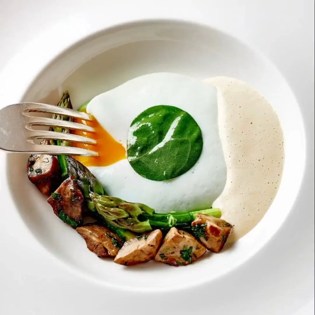 creation thumb for Egg, potato foam, mushroom sauce, asparagus(Full Recipe)