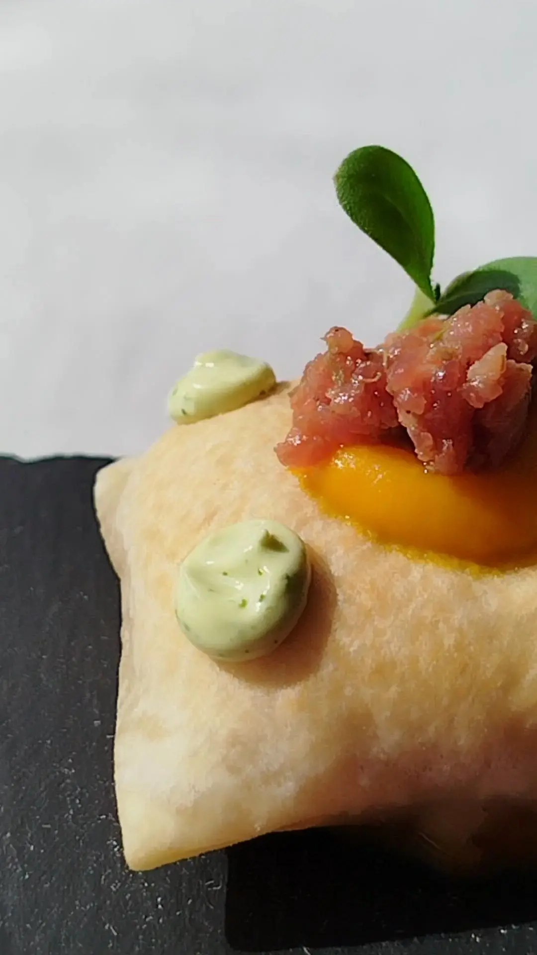 creation thumb for FRIED GNOCCHI, ANGUS TARTARE, PUMPKIN AND BASIL MAYO.