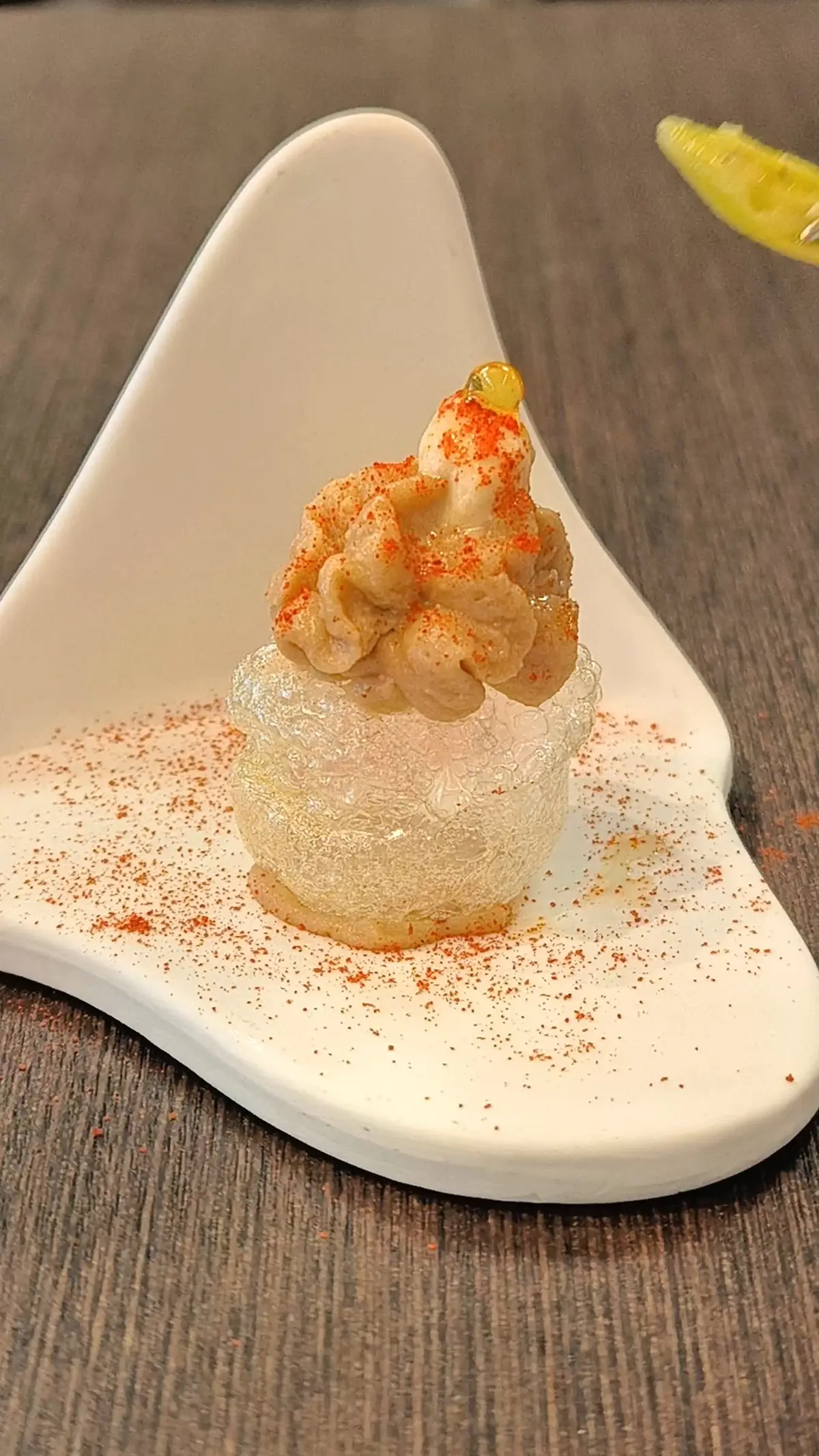 creation thumb for Crispy Kuzu, Red Bean Mousse & Chorizo Foam