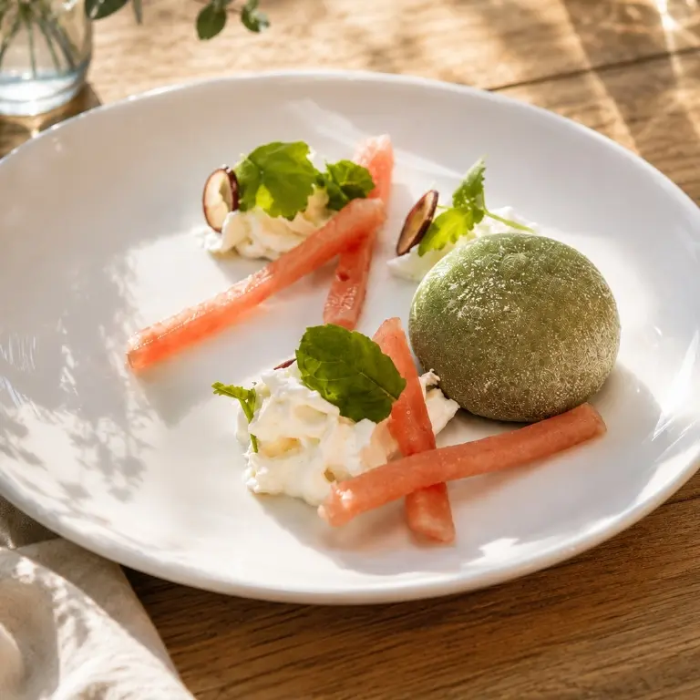 creation thumb for Pistachio Mochi with Watermelon, Chantilly & Citrus Leaf