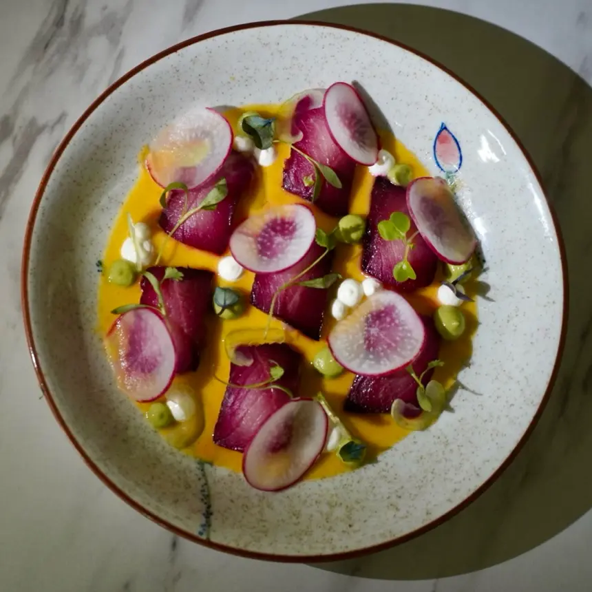 creation thumb for BEET CURED AMBERJACK with AJI AMARILLO SALMOREJO
