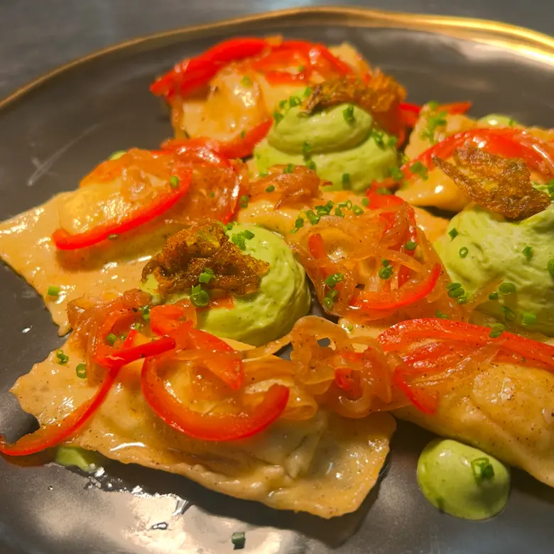 creation thumb for Lobster Ravioli w/ Pesto Espuma, Fried Squash Blossoms