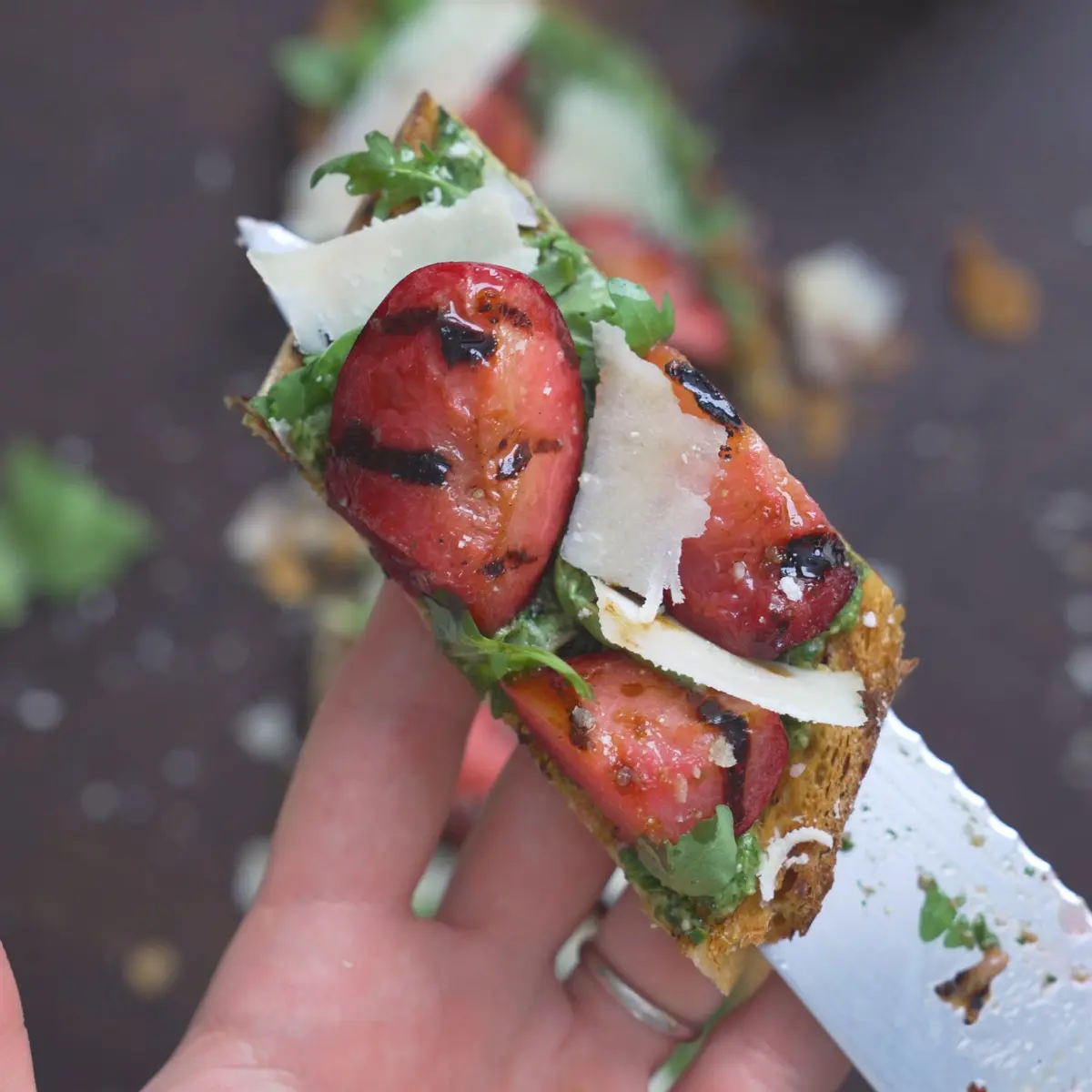 creation thumb for Bruschetta with Plums, Green Sauce and Grana Padano