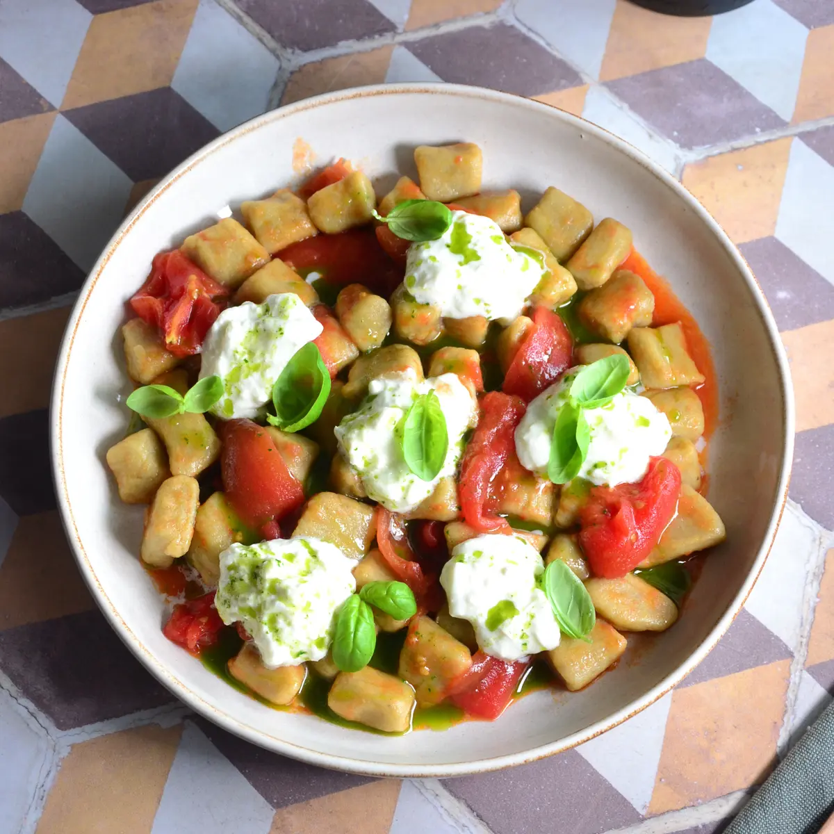 creation thumb for BBQ Aubergine Gnocchi with Tomatoes, Stracciatella Cheese and Basil