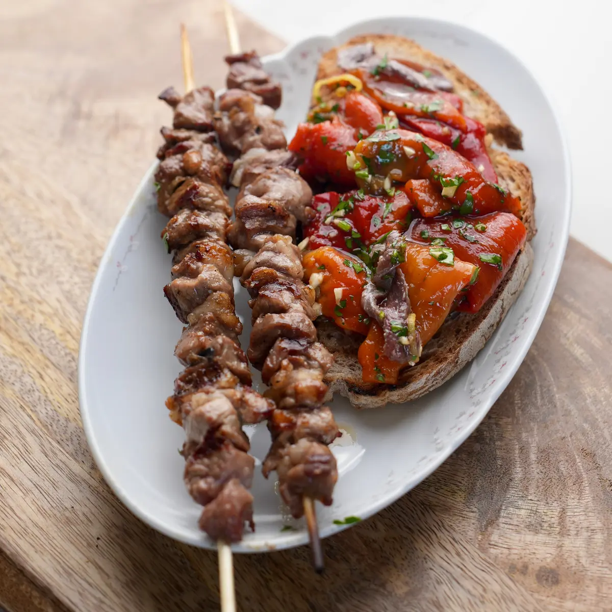 creation thumb for Lamb Skewers with Roast Peppers Salad - Arrosticini