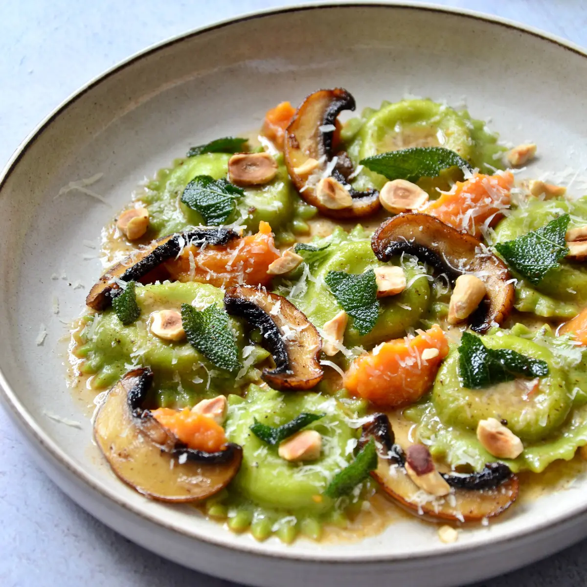 creation thumb for Ricotta ravioli, pumpkin, mushrooms, crispy sage & hazelnuts