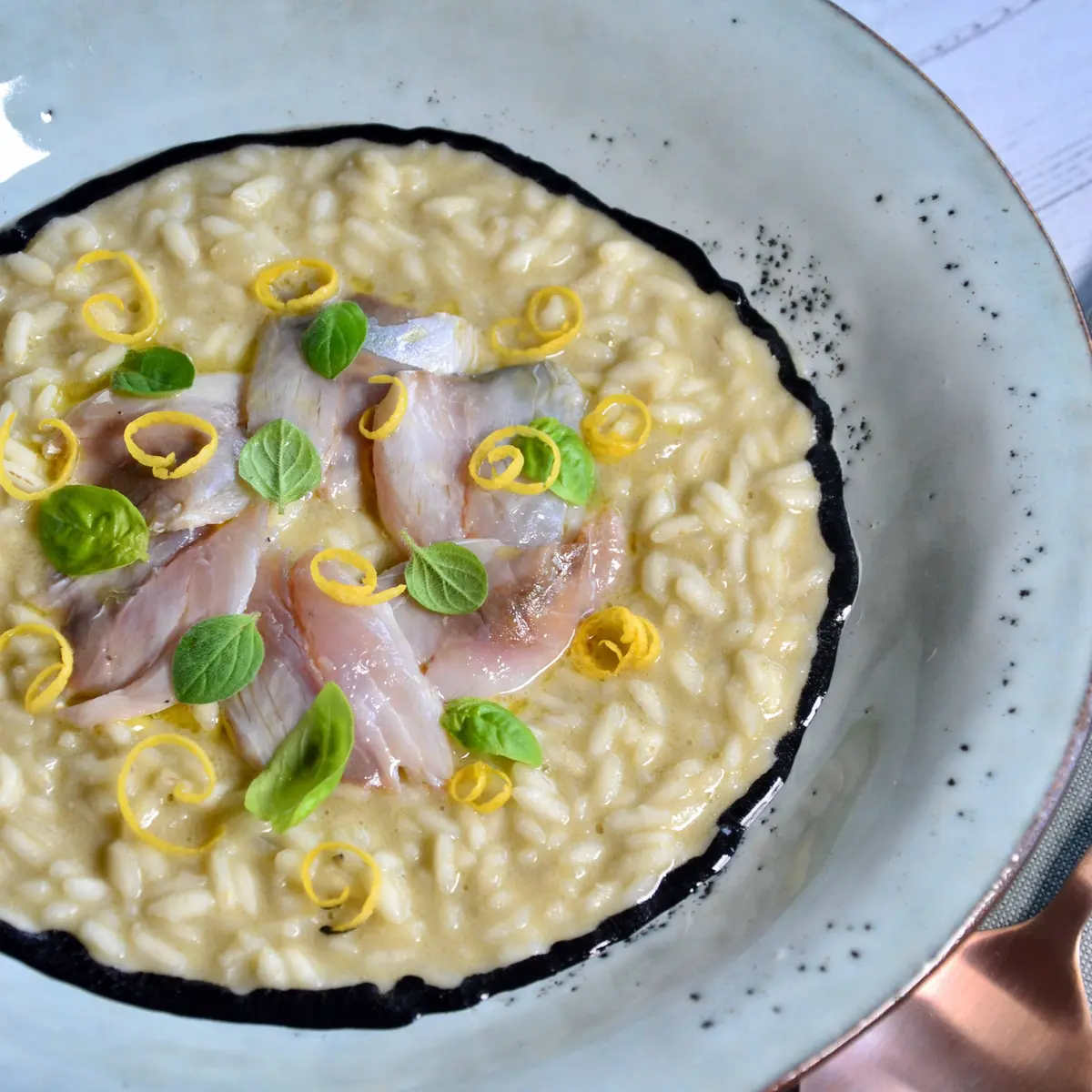 creation thumb for Oyster risotto with smoked mackerel & lemon zest