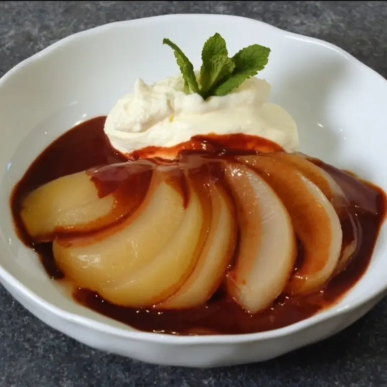 creation thumb for Poached Pear with Chocolate Sauce and Chantilly Cream