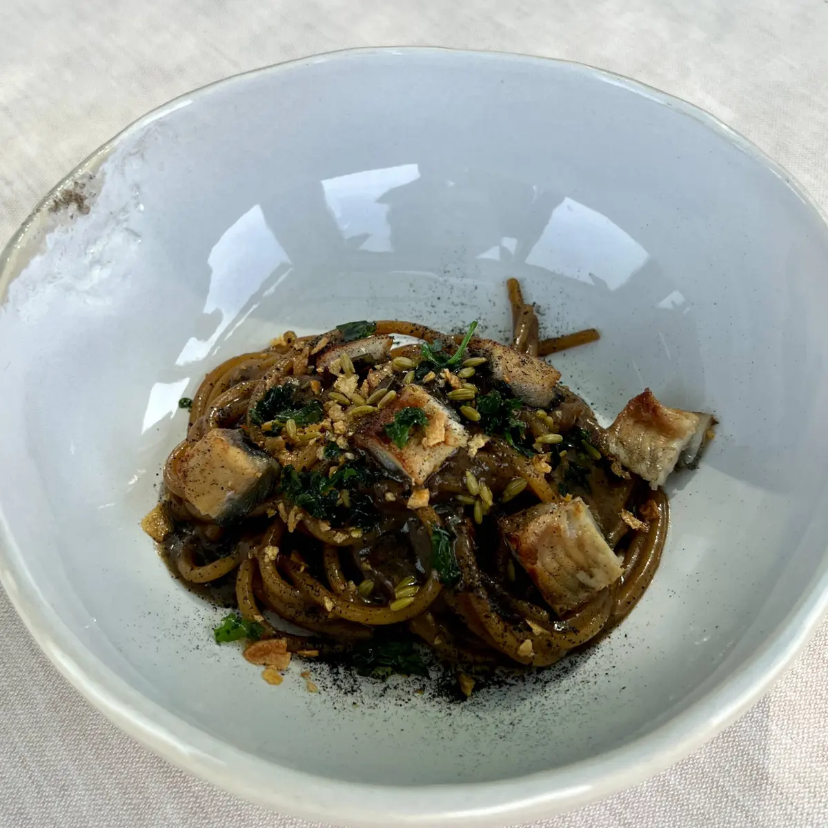 creation thumb for Spaghetti, Eel, Roasted Jerusalem Artichokes, Moscato