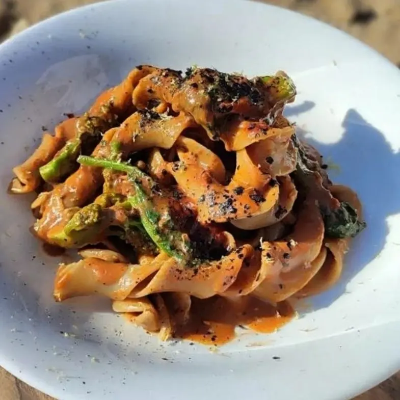 creation thumb for SAGNE, SEA URCHINS, BLACK GARLIC, BROCCOLI RABE, AND CHILI PEPPER