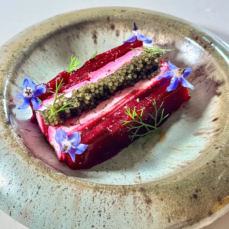 creation thumb for Terrine of marinated beetroot and apple, mousse, dill, cavia