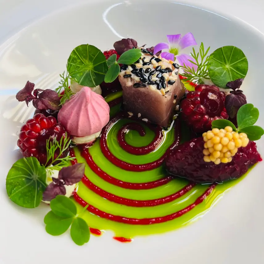 creation thumb for Yellowfin Tuna | Beetroot | Raspberries | Herbal Oil | M