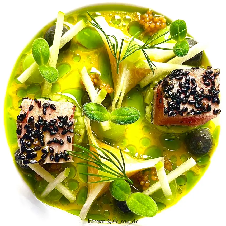 creation thumb for Tuna super sashimi,Black sesame, cucumber, saffron, granny s