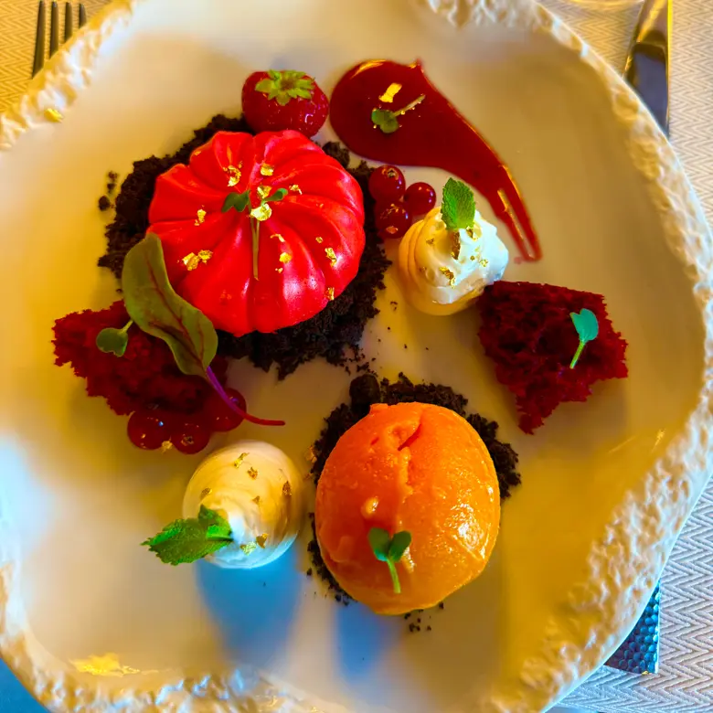 creation thumb for Red velvet mousse with sea buckthorn sorbet and chocolate so