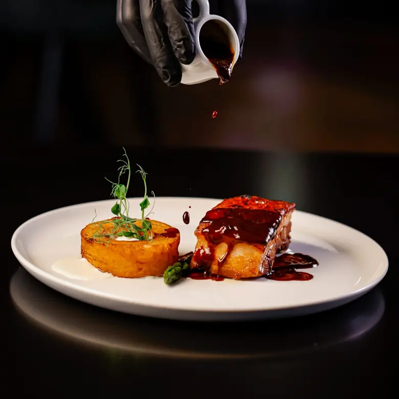creation thumb for Pork belly with patoo and demiglace sos