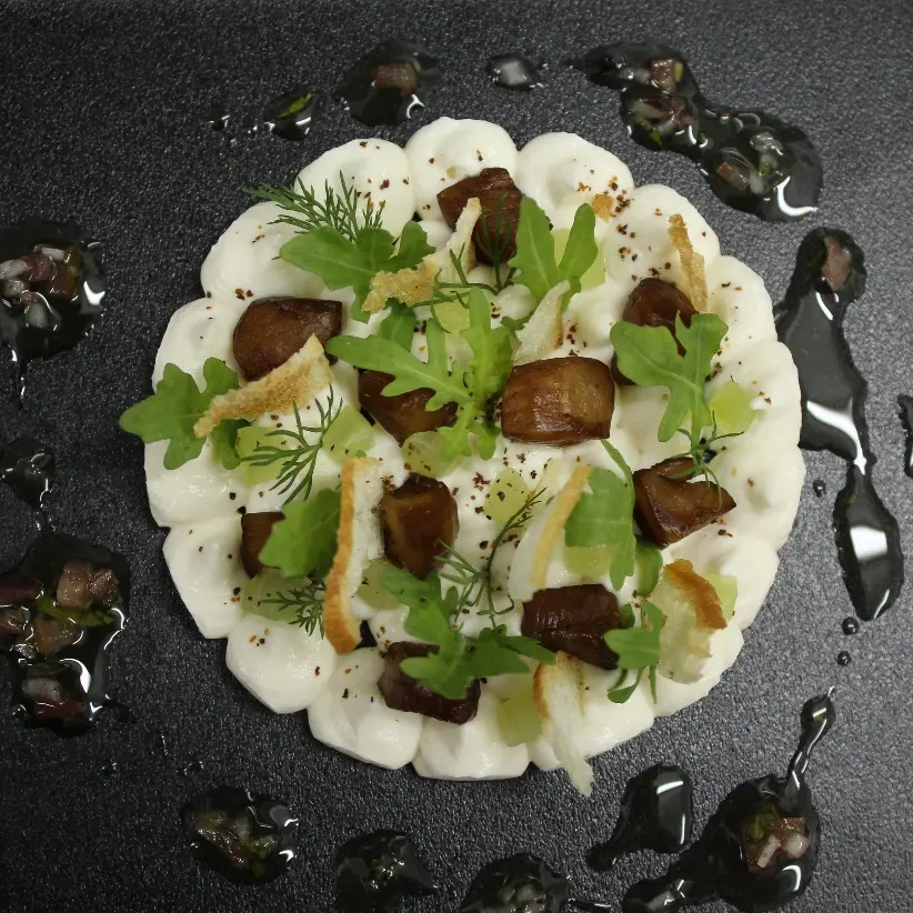 creation thumb for SILKY CAULIFLOWER MOUSSE, PICKLED SCALLOPS, SOURDOUGH CRUSPS
