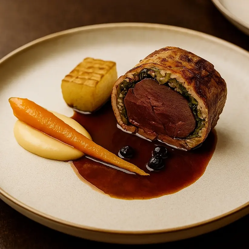 creation thumb for Venison Wrapped in Chicken Barley Mousse, Parma Ham & Savoy