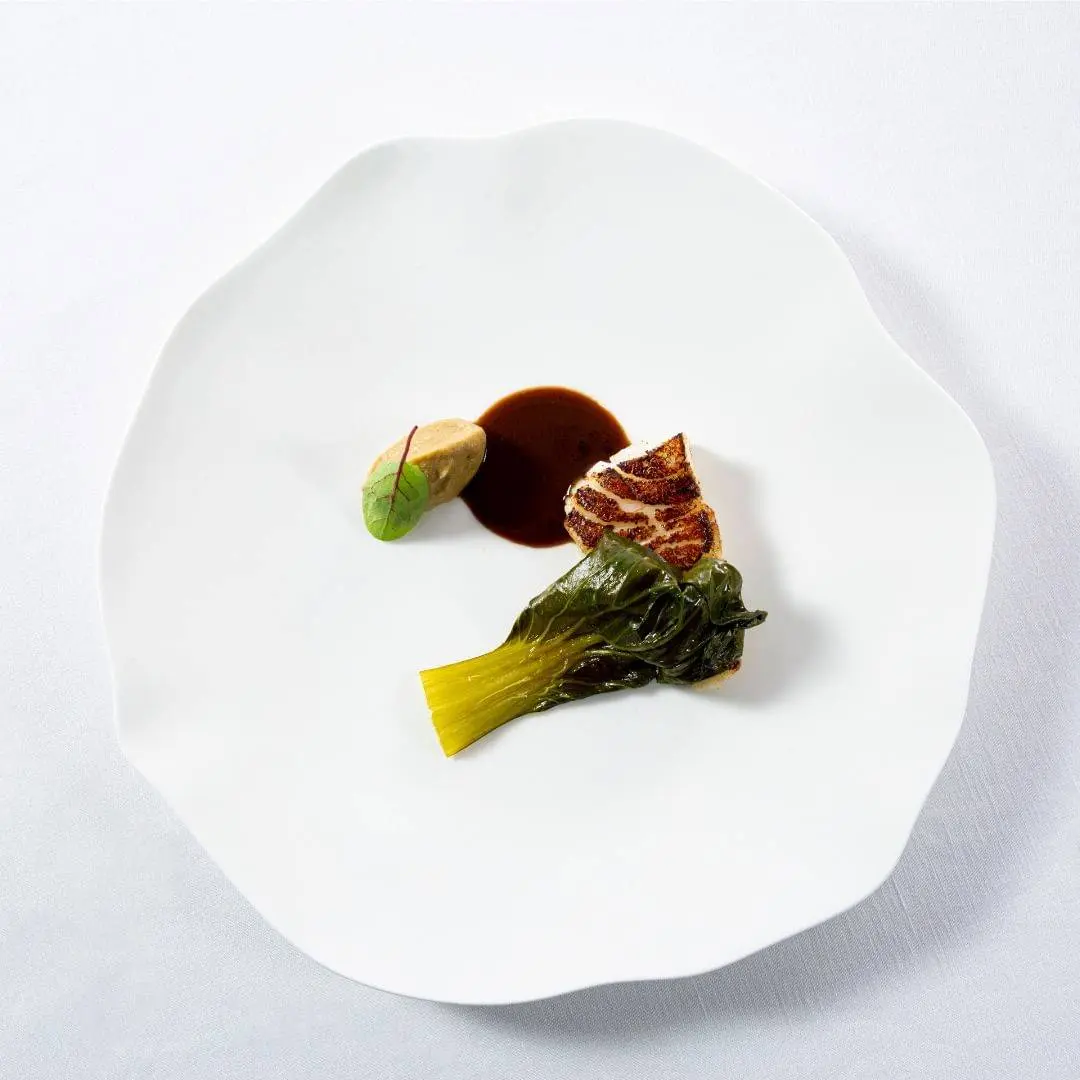 creation thumb for Charcoal-cooked Moron, baked aubergine puree, pak-choi