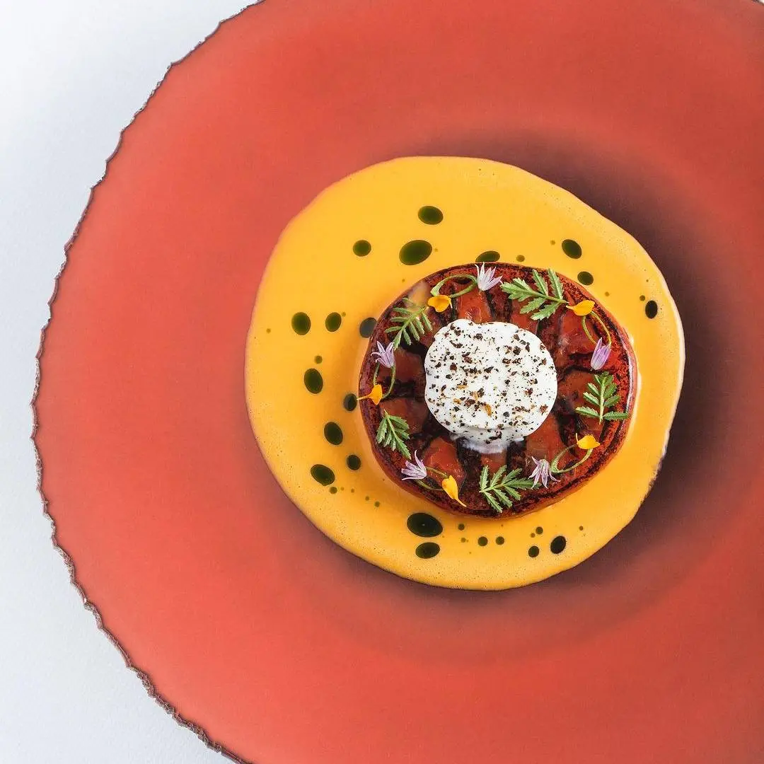 creation thumb for Field Tomatoes / Tagetes Broth / Robiola and Timut