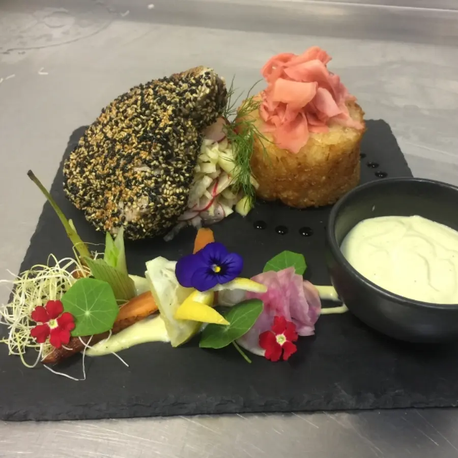 creation thumb for Tunasteak with fried citrus rice, fennel and radish salat, wasabimayo and ginger