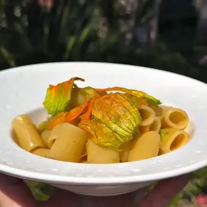 creation thumb for Mezze Maniche with Zucchini Blossoms & Anchovies