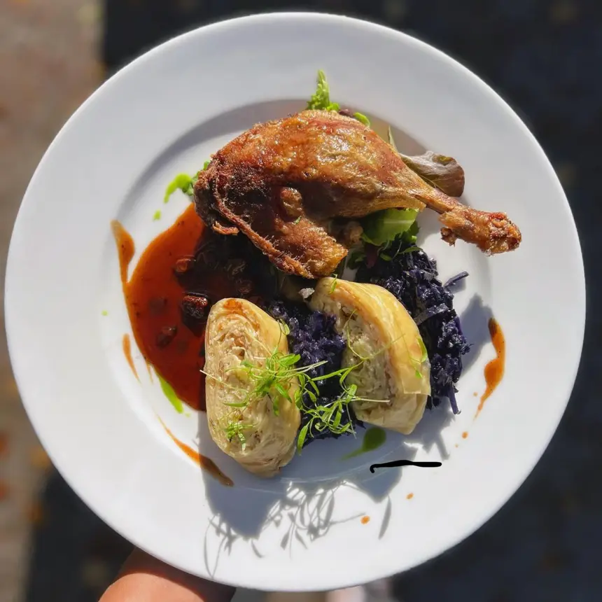 creation thumb for Duck confit, red cabbage, cracklings, filo pastry ricotta
