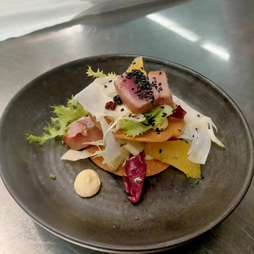 creation thumb for Tuna tataki, tandoori chickpea taco, sudachi Mayo , salad