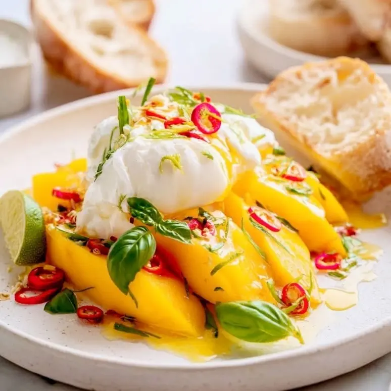 creation thumb for Ensalada de mango-burrata con calor, zing y hierbas frescas