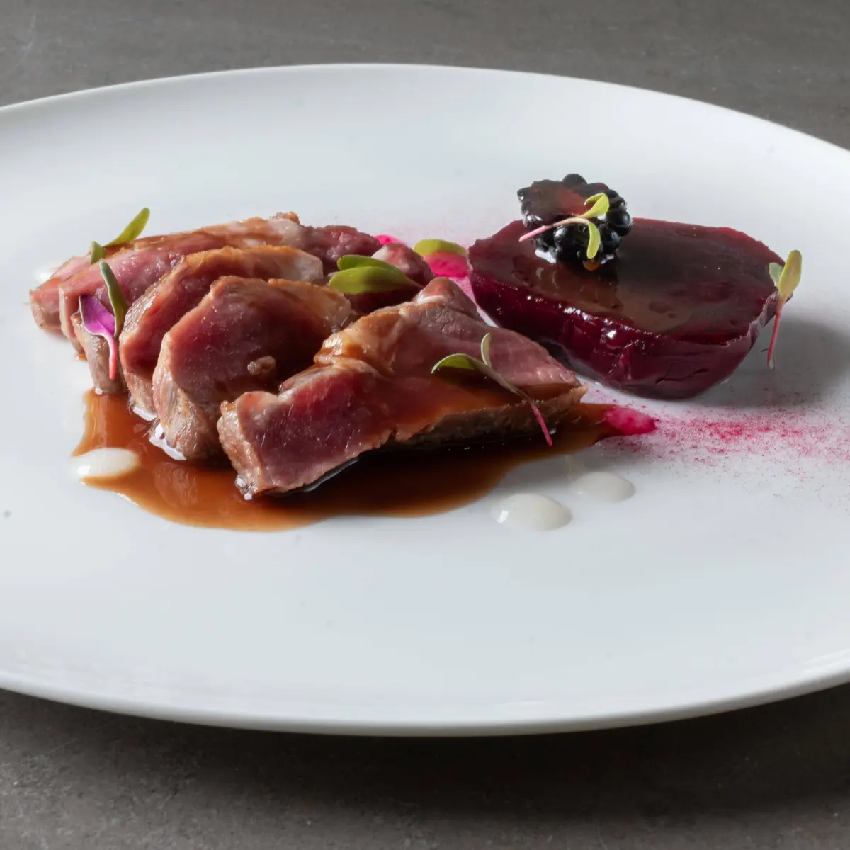 creation thumb for Iberian loin, salt-roasted beetroot, blackberries and rose