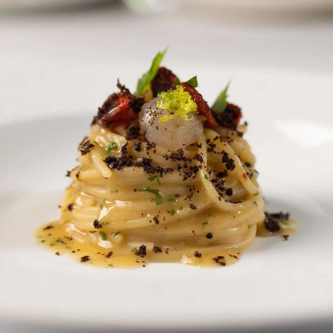 creation thumb for Spaghetti Mancini, Shrimp, wood-fired Tomato, Lovage & Olive