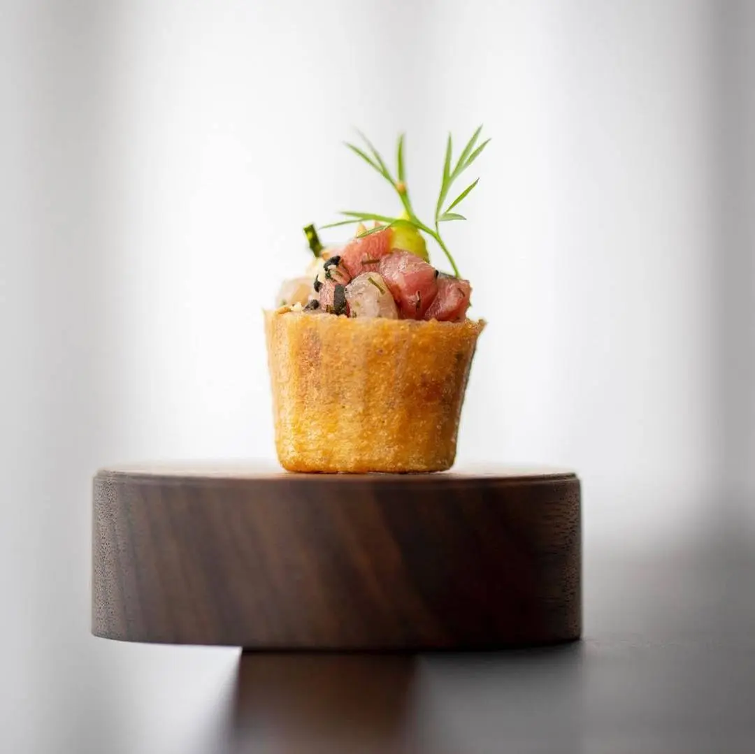 creation thumb for Tartlet | Balfego prickly pear | Gomasio | Dashi crumble