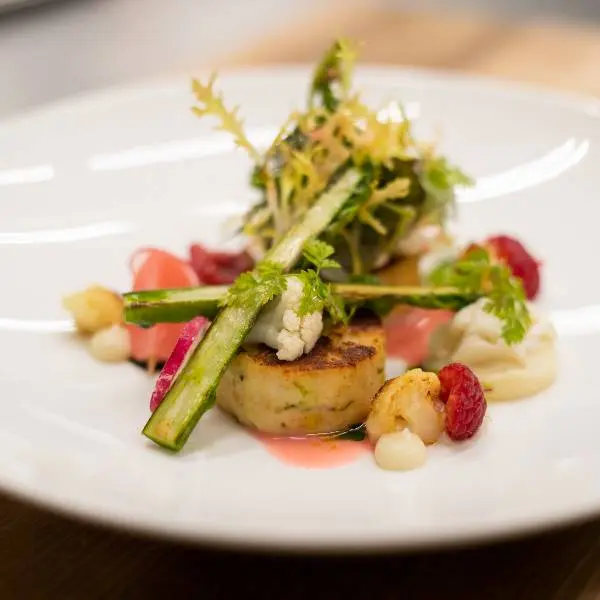 creation thumb for Asparagus-cheese dumplings, cauliflower, radishes, wild herb salad