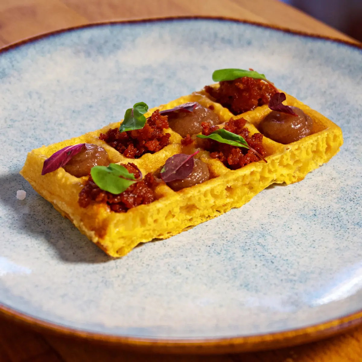 creation thumb for Paprika Waffles, Chistorra Sausage & Dates 🧇