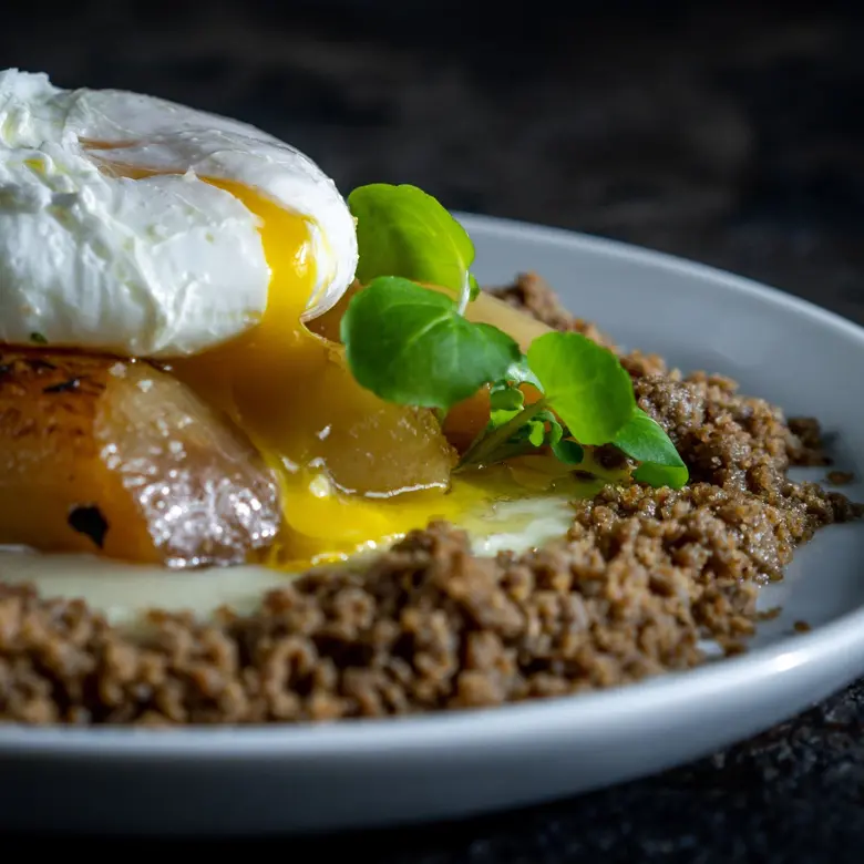 creation thumb for Truffle Mushroom Crumble with Root Cream and Poached Egg