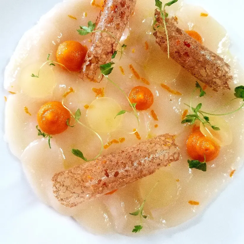 creation thumb for Scallop carpaccio, carrot purée, yuzu gel, buckwheat tuile