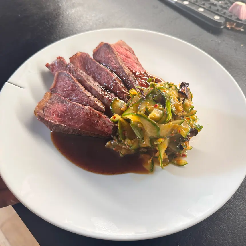 creation thumb for Grilled Ribeye Steak with Cucumber Salad & Garlic-Ginger Oil