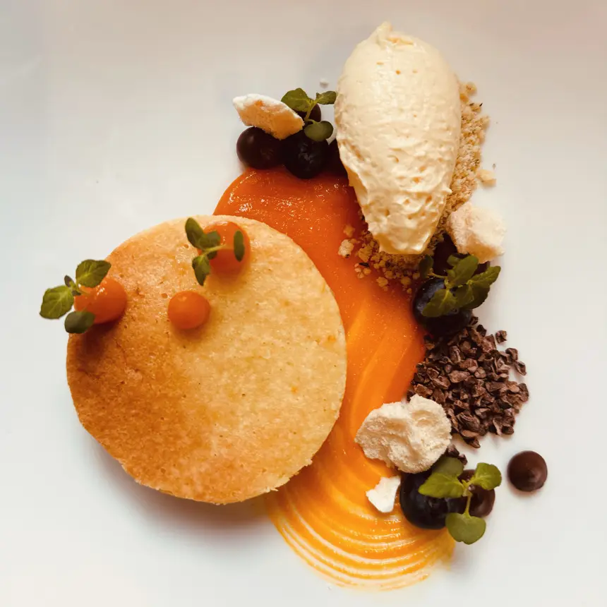 creation thumb for Almond cake | Sea buckthorn | Nut butter ice cream