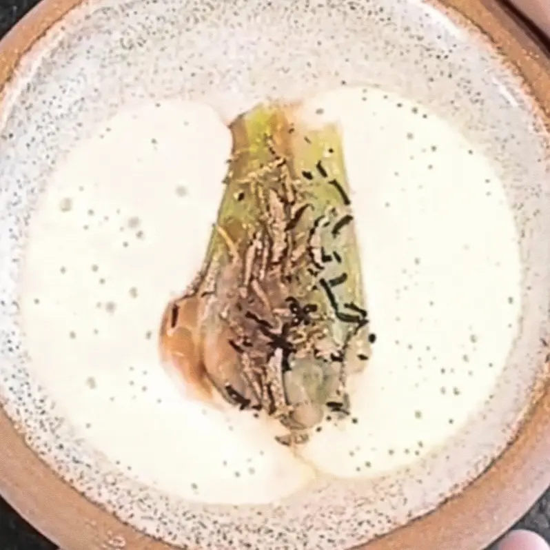 creation thumb for Borage with Pork Jowl Veil, Ham Emulsion, and Truffle