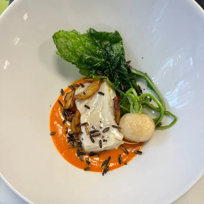 creation thumb for Butter pouched halibut, carrot puree, fried turnips, wild r