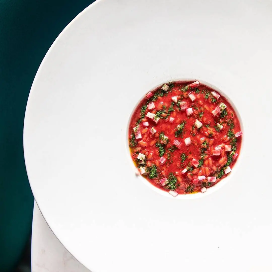 creation thumb for Risotto with Parmigiano Reggiano, Red Turnip Jus, Cockscombs