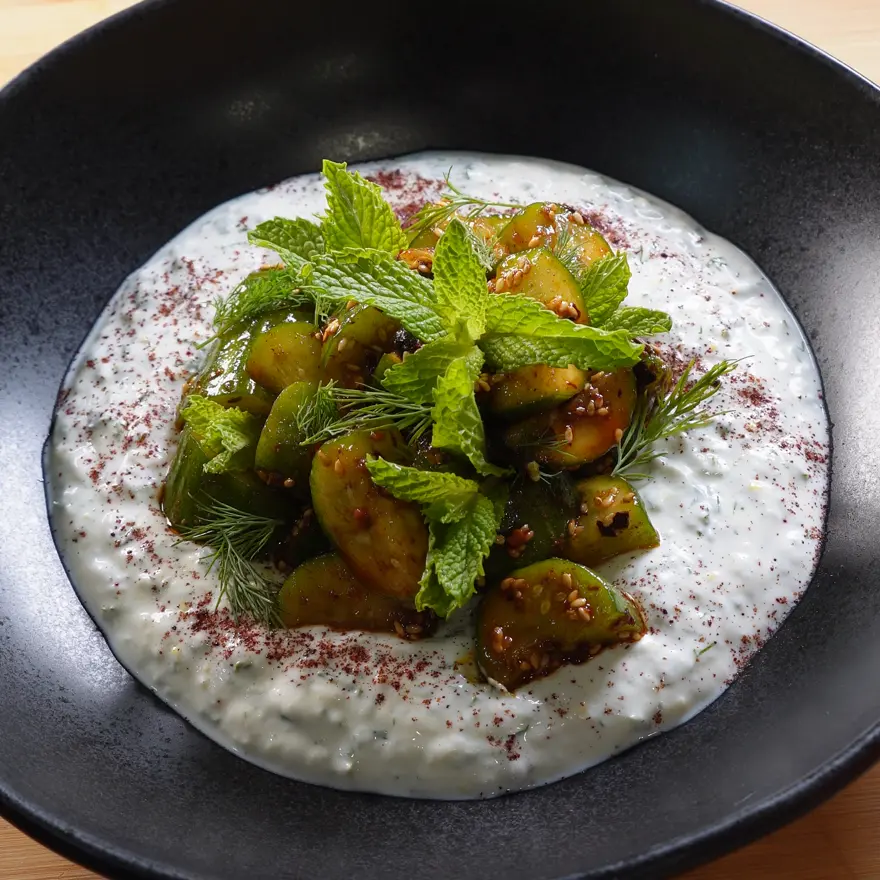 creation thumb for Smacked Cucumber Salad with Whipped Labneh & Chili Crisp
