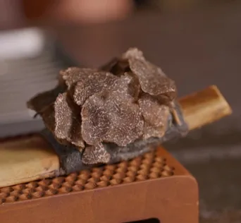 Black truffle shaved over a board of masa